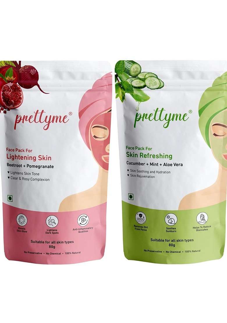 Prettyme Set Of 2 Cucumber Aloe Vera Pomegranate Beetroot Powder Face Pack 80 G Each - Indya