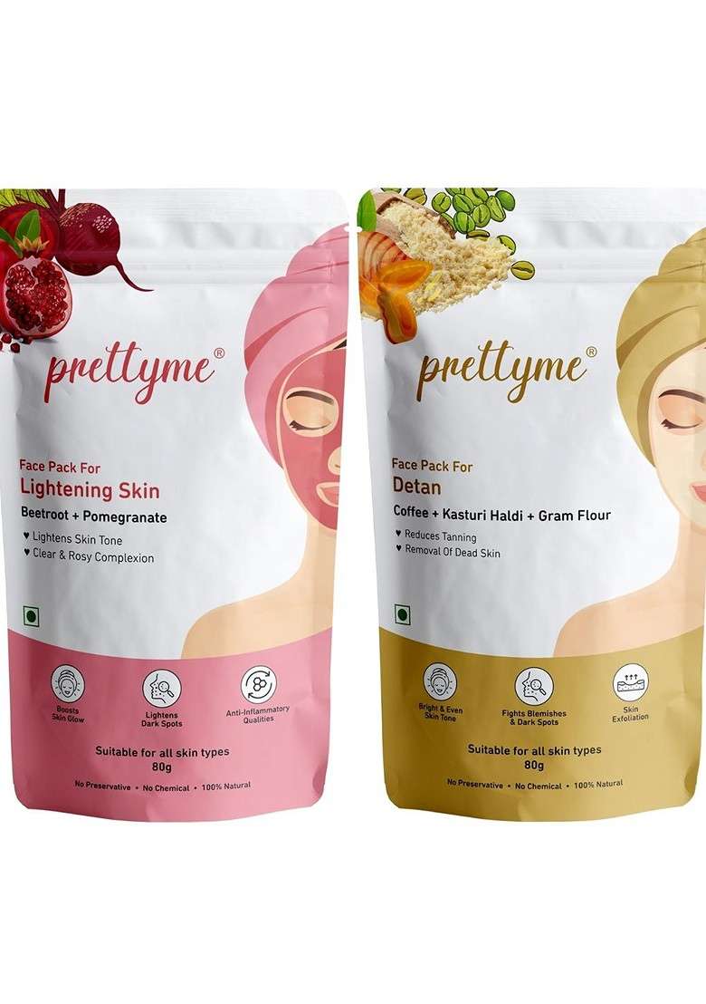 Prettyme Set Of 2 Coffee Turmeric Pomegranate Beetroot Powder Face Pack 80 G Each - Indya