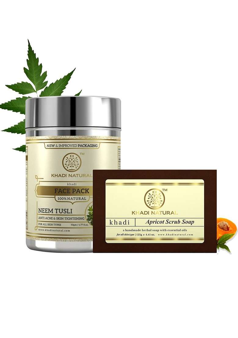 Khadi Natural Set Of Neem Tulsi Herbal Face Pack Apricot Scrub Soap - Indya