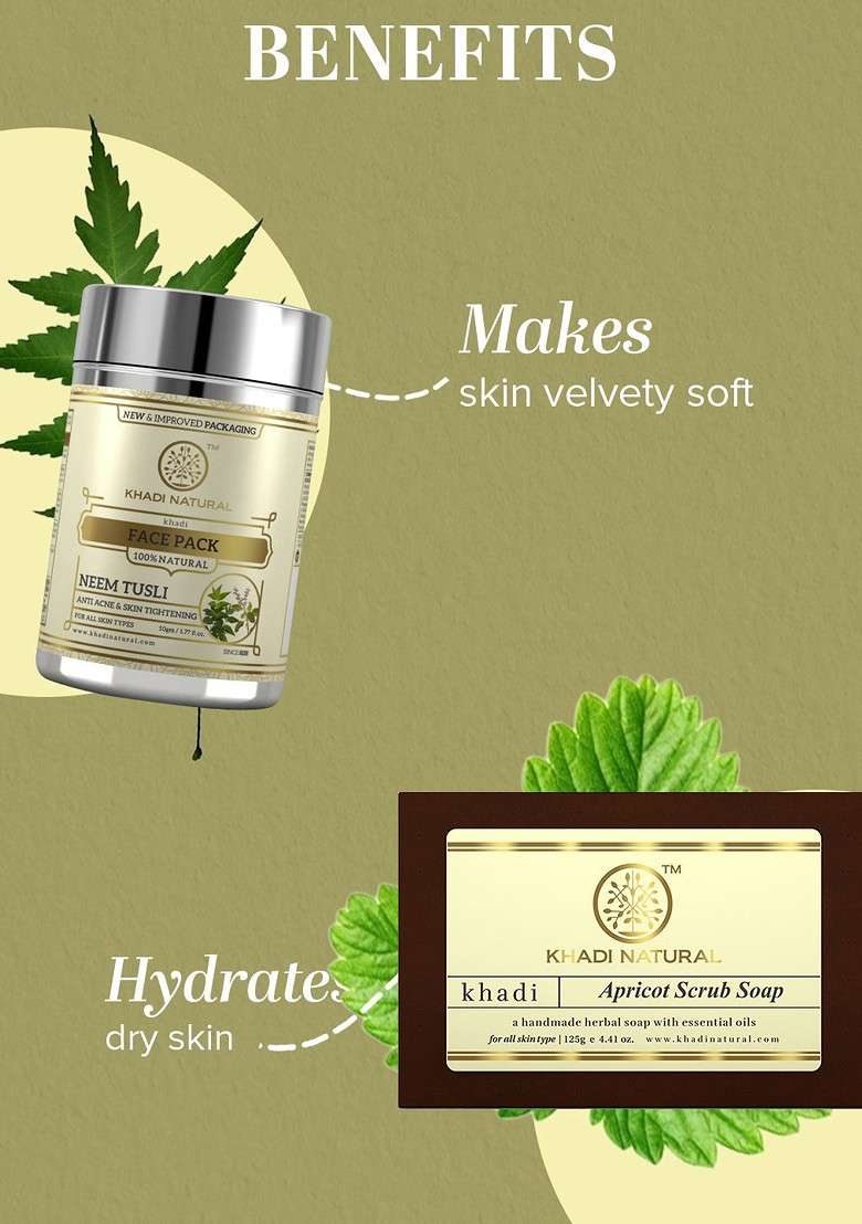 Khadi Natural Set Of Neem Tulsi Herbal Face Pack Apricot Scrub Soap - Indya