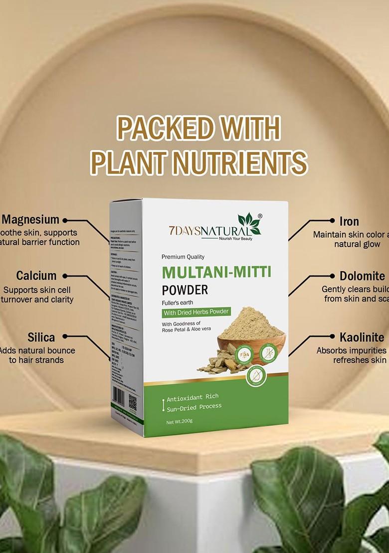7Daysnatural Natural Multani Mitti Herbal Powder Mask For Face Hair 200 G