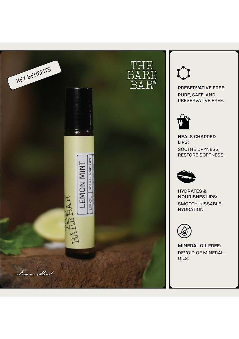 The Bare Bar Lemon Mint Lip Oil With Coconut Jojoba 10 Ml - Indya