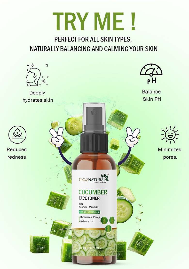 7Daysnatural Natural Cucumber Face Toner With Aloevera For Skin Refreshment 100 Ml - Indya