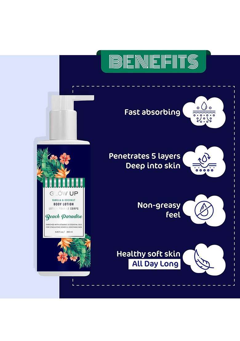 Glow Up Beach Paradise Body Lotion With Vanilla Coconut 250Ml - Indya