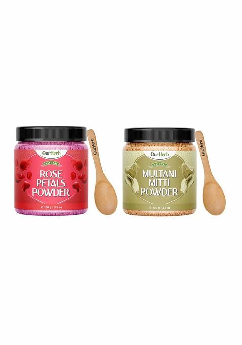 Ourherb Set Of 2 Pure Natural Rose Petals Multani Mitti Powder Face Pack 100 G Each