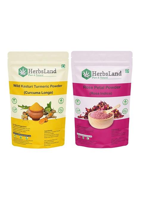 Herbsland Set Of 2 100 Pure Natural Wild Turmeric Rose Petal Facepack Powder 150G Each