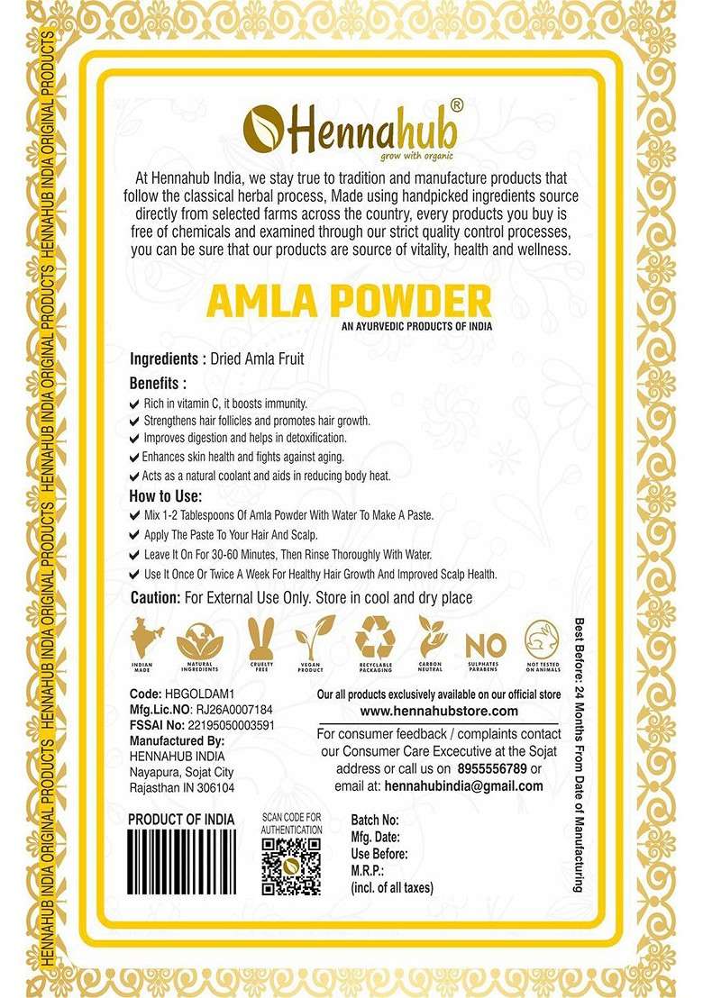 Hennahub Organic Amla Powder For Boosting Hair Growth Skin Radiance 100G - Indya