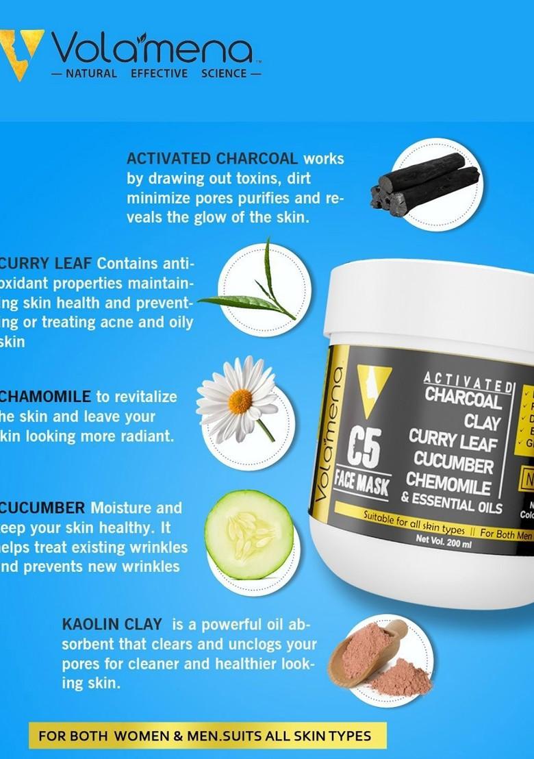 Volamena C5 Activated Charcoal Face Mask For De Toxify Skin Exfoliate Pores 200Ml