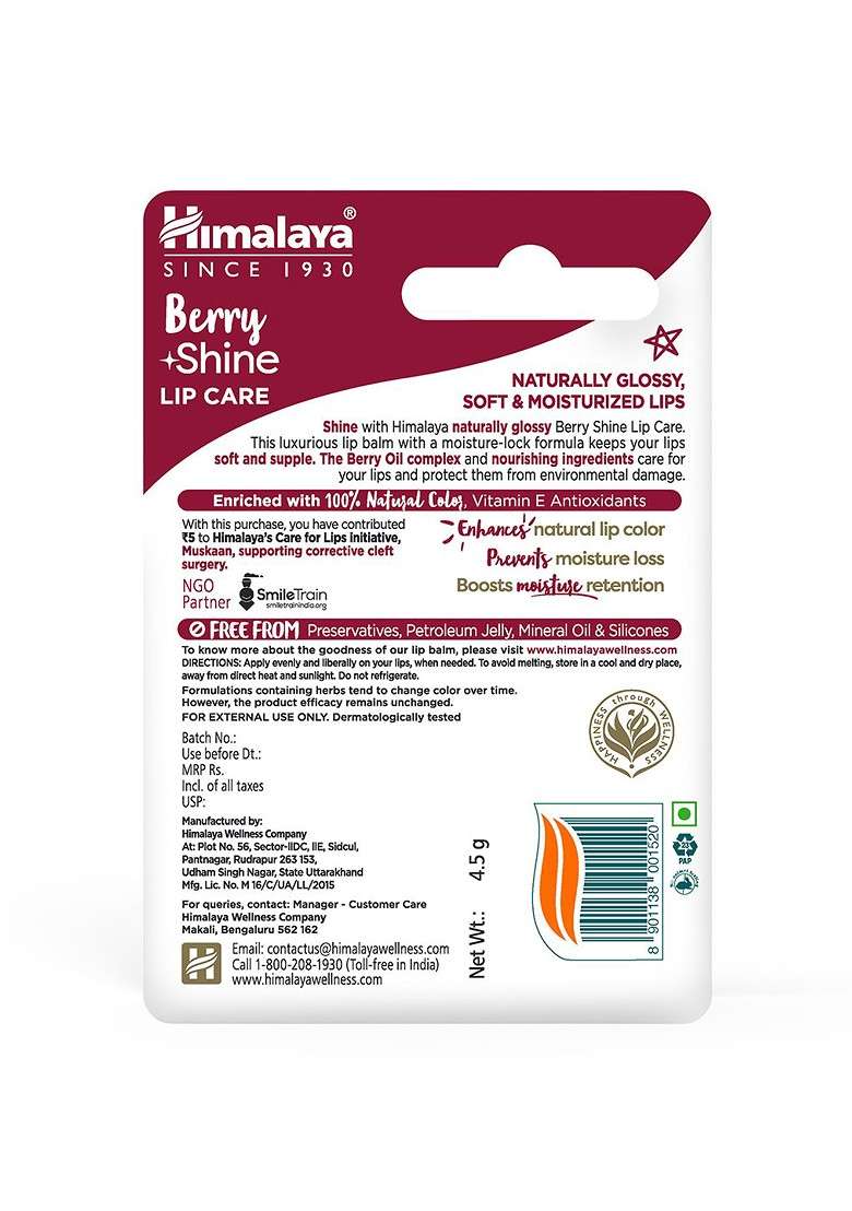 Himalaya Lip Care For Glossy Soft Moisturized Lips 4 5 G Berry Shine - Indya