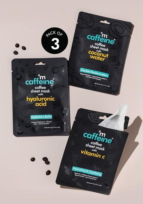Mcaffeine Set Of 3 Coffee Sheet Masks With Vit C Hyaluronic Acid Coconut Water 20G Each