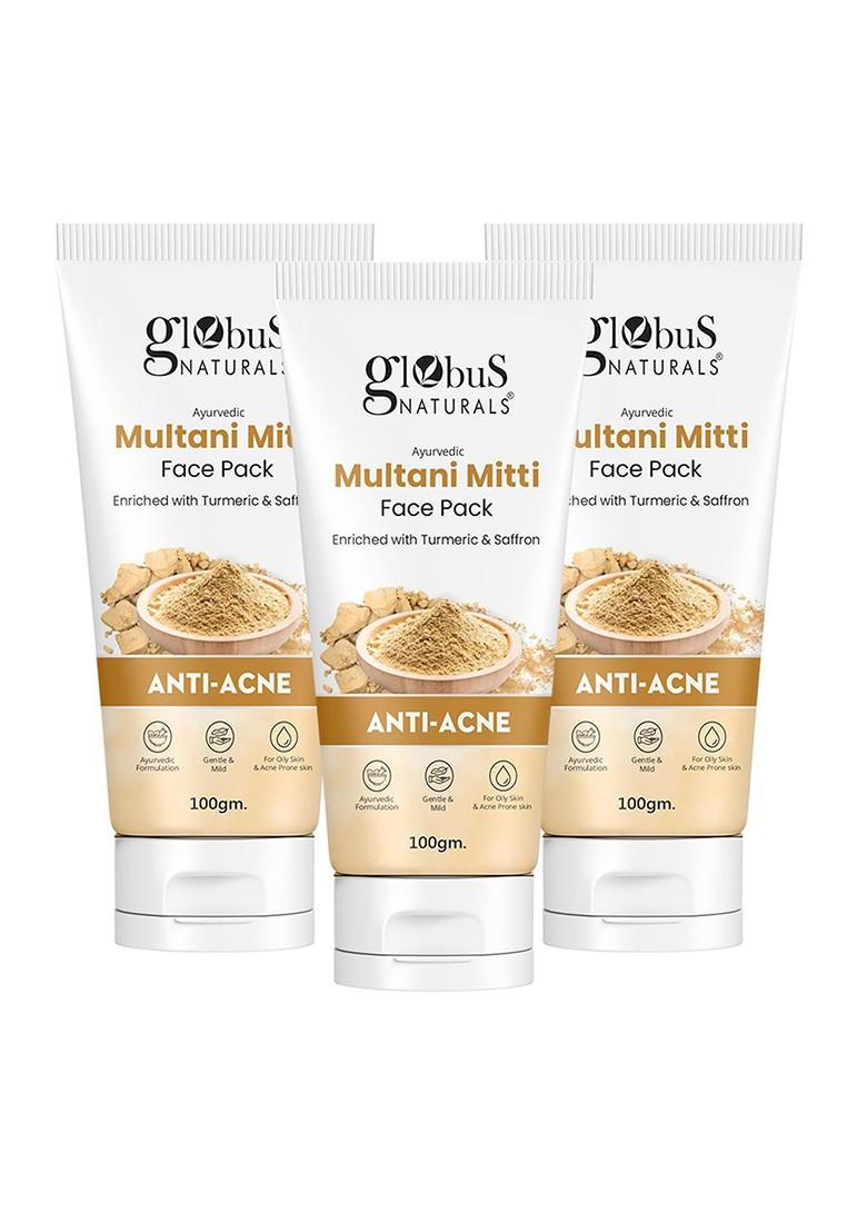 Globus Naturals Set Of 3 Multani Mitti Face Pack With Turmeric Saffron 100G Each