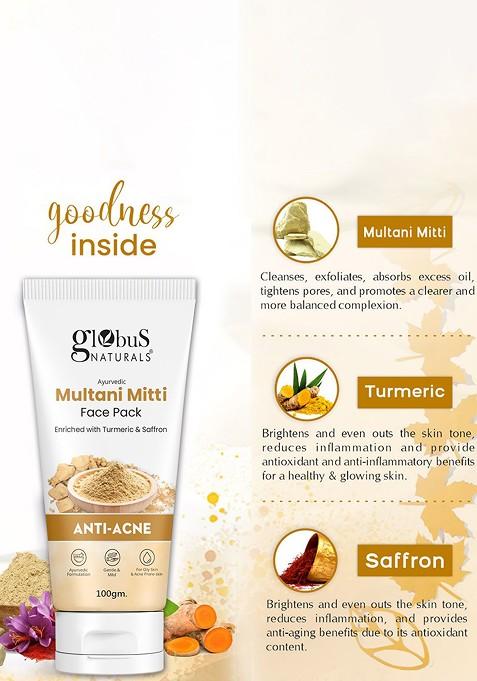Globus Naturals Set Of 3 Multani Mitti Face Pack With Turmeric Saffron 100G Each