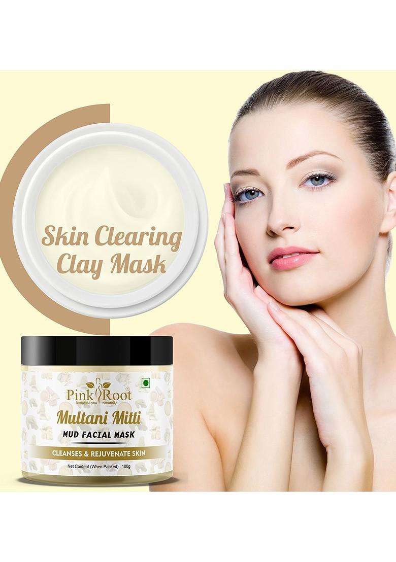 Pink Root Multani Mitti Mud Facial Mask With Sandal Turmeric Extract 100G