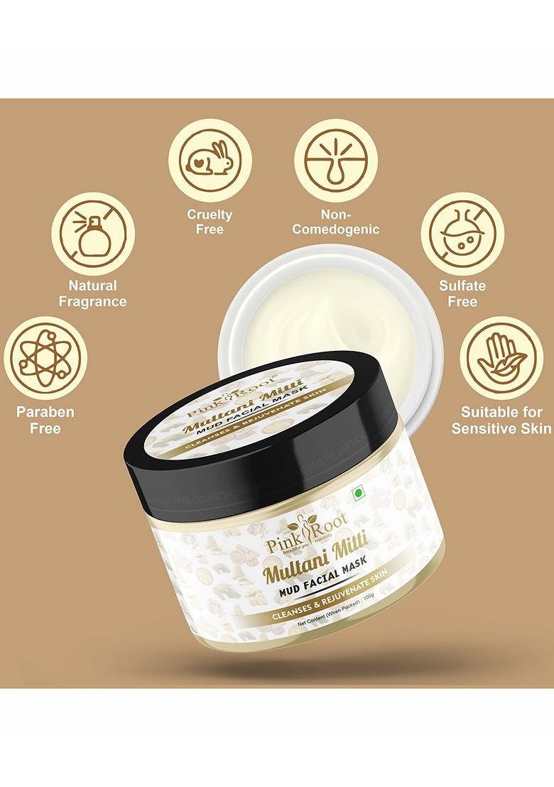 Pink Root Multani Mitti Mud Facial Mask With Sandal Turmeric Extract 100G