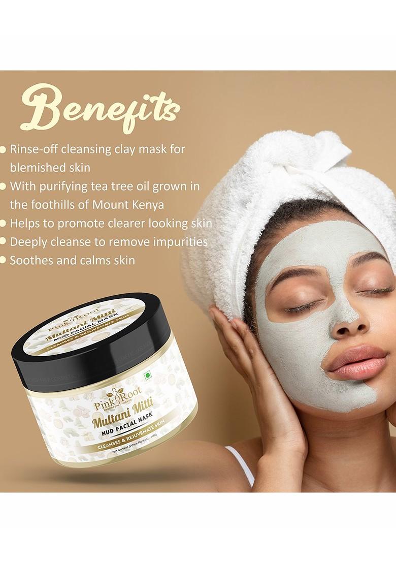 Pink Root Multani Mitti Mud Facial Mask With Sandal Turmeric Extract 100G