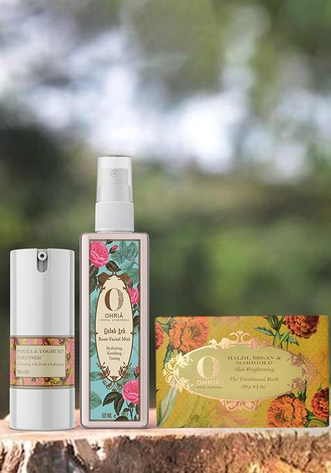 Ohria Ayurveda Set Of 3 Facial Mist 50Ml Cleanser 15Ml Bathing Bar 50G
