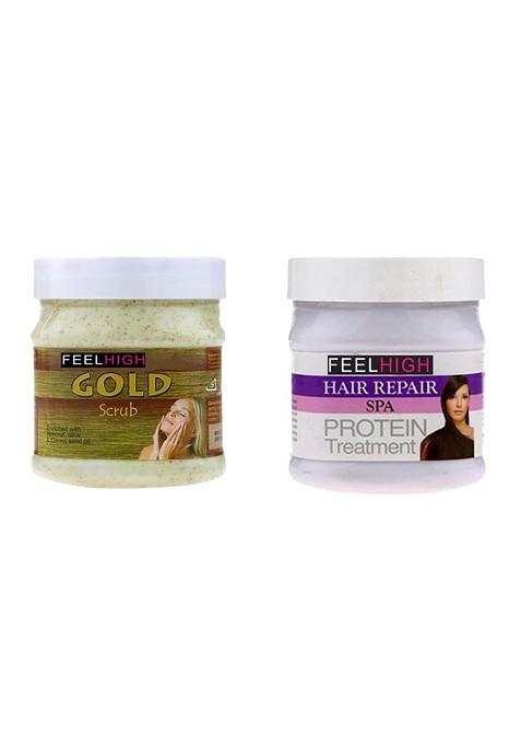 Feelhigh Set Of Gold Face Scrub Hair Repair Spa Protein Treatment 500 Ml Each