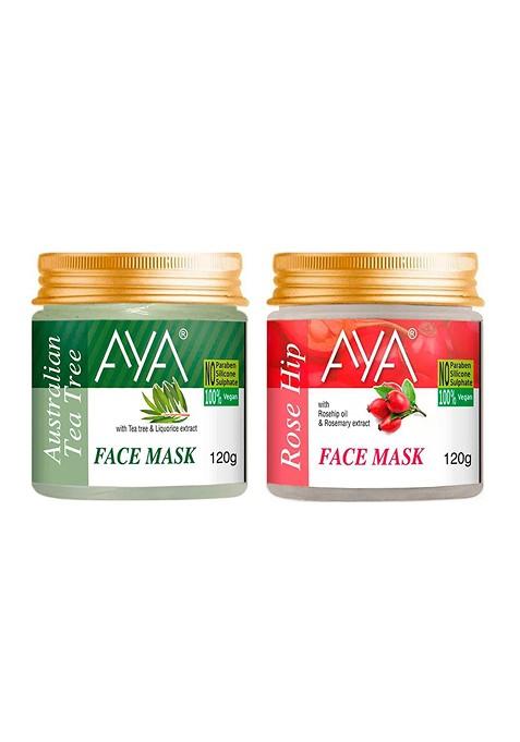 Aya Set Of 2 Paraben Free Face Masks Australian Tea Tree Rose Hip 120G Each