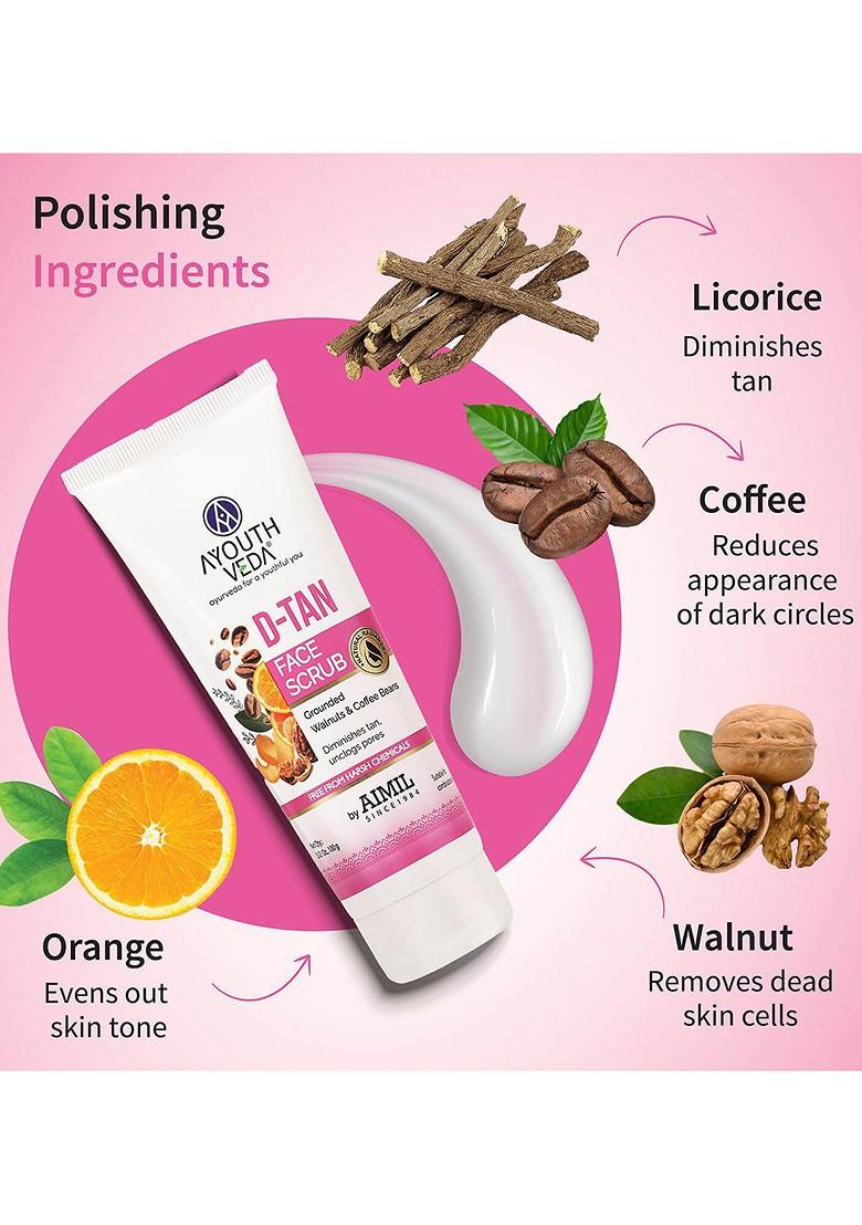 Ayouthveda Aimil D Tan Exfoliating Face Scrub Grounded Walnuts Coffee Beans 100G