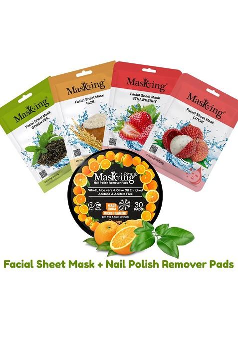 Masking Set Of 4 Deep Cleansing Facial Sheet Mask Orange Nail Polish Remover Combo
