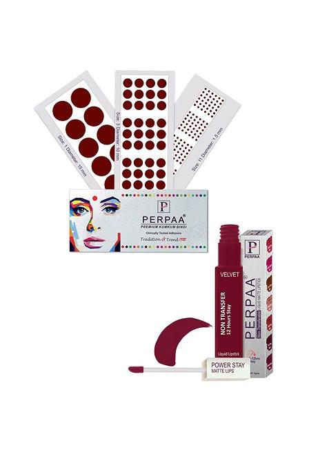 Perpaa Set Of 4 Dark Maroon Bindi Flaps Power Stay Non Transfer Lipstick 5Ml