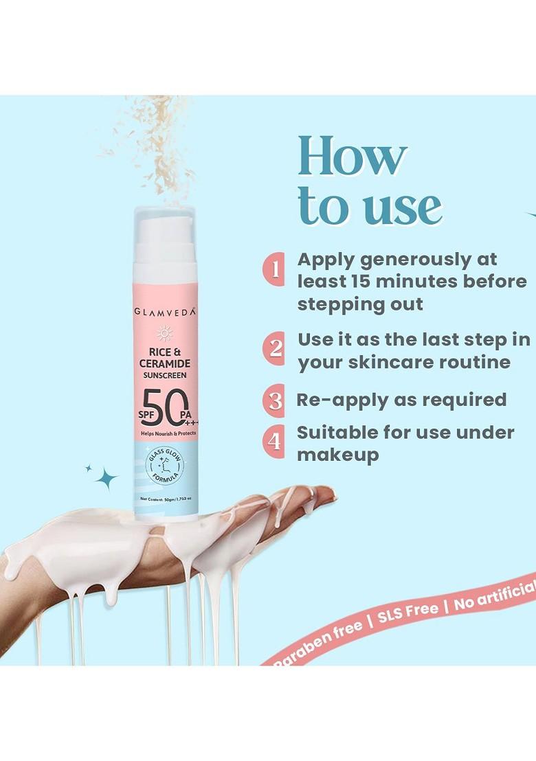 Glamveda Set Of 3 Glass Skin Rice Ceramide Spf 50 Pa Sunscreen 50Ml Each