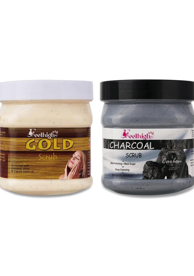 Feelhigh Set Of 2 Charcoal Gold Scrub For Face Body Exfoliators 500 Ml Each