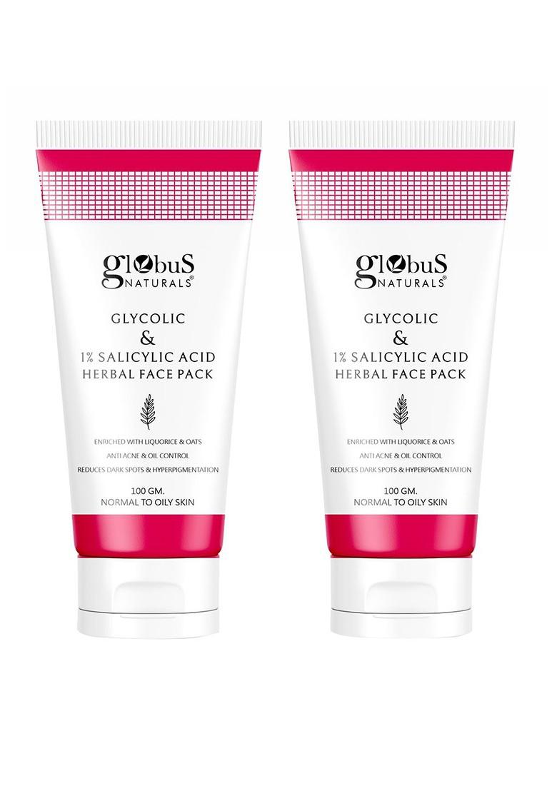 Globus Naturals Set Of 2 Anti Acne Glycolic 1 Salicylic Acid Face Pack 100 Gm Each