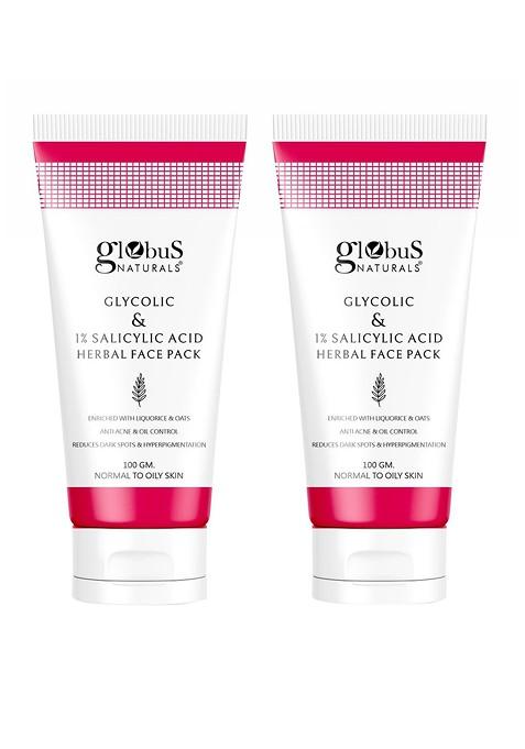 Globus Naturals Set Of 2 Anti Acne Glycolic 1 Salicylic Acid Face Pack 100 Gm Each