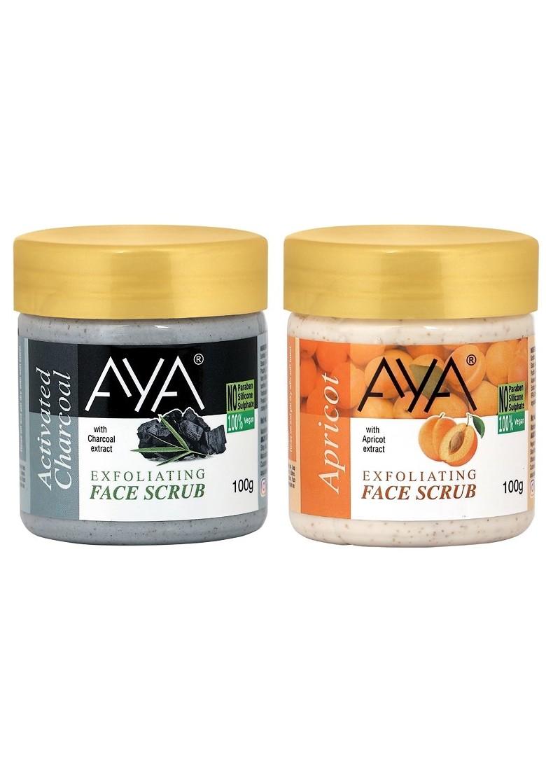 Aya Set Of 2 Activated Charcoal Apricot Exfoliating Face Scrubs 100 Ml Each