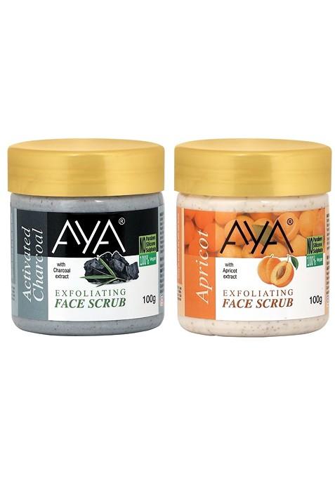 Aya Set Of 2 Activated Charcoal Apricot Exfoliating Face Scrubs 100 Ml Each