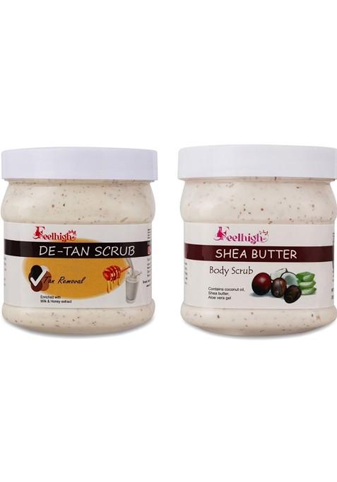 Feelhigh Set Of 2 De Tan Scrub Shea Butter For Face Body Exfoliators 500 Ml Each