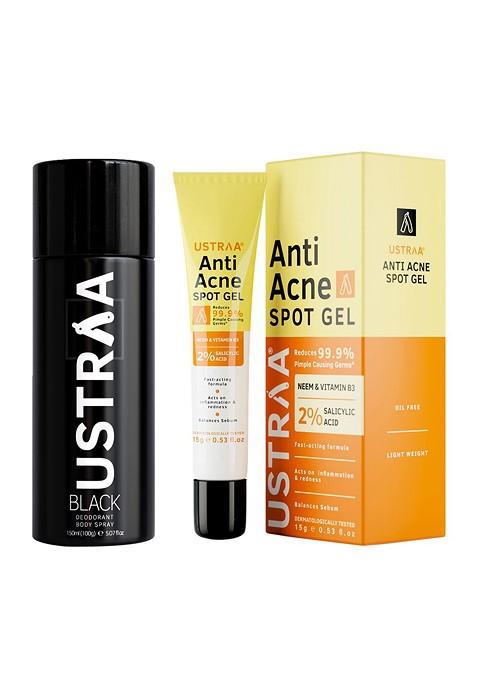 Ustraa Set Of Men Black Deodorant Body Spray 150 Ml Anti Acne Spot Gel 15 G