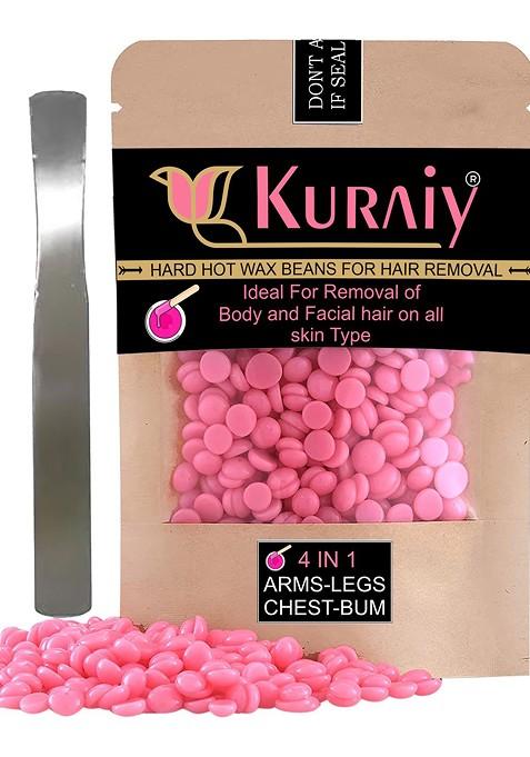 Kuraiy Strawberry Hard Hot Wax Beans For Body Hair Removal With Steel Spatula 150 G
