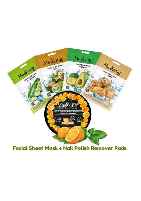Masking Set Of 4 Natural Facial Sheet Mask 20G Each With Orange Nail Polish Remover Pads
