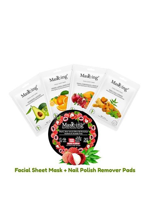 Masking Set Of 4 Bamboo Facial Sheet Mask 20G Each With Litchi Nail Polish Remover Pads