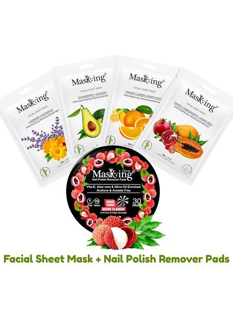 Masking Set Of 4 Bamboo Facial Sheet Mask 20G Each With Litchi Nail Polish Remover Pads