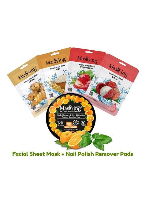 Masking Set Of 4 Natural Facial Sheet Mask 20G Each With Orange Nail Polish Remover Pads