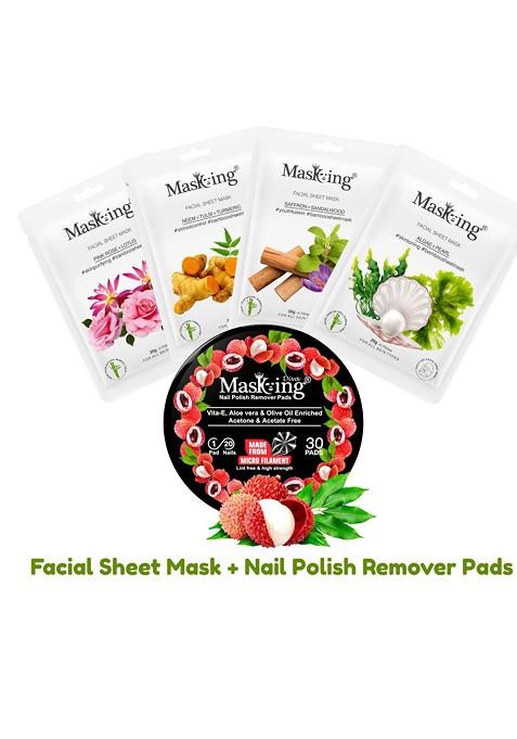 Masking Set Of 4 Bamboo Facial Sheet Masks 20G Each With Litchi Nail Polish Remover Pads