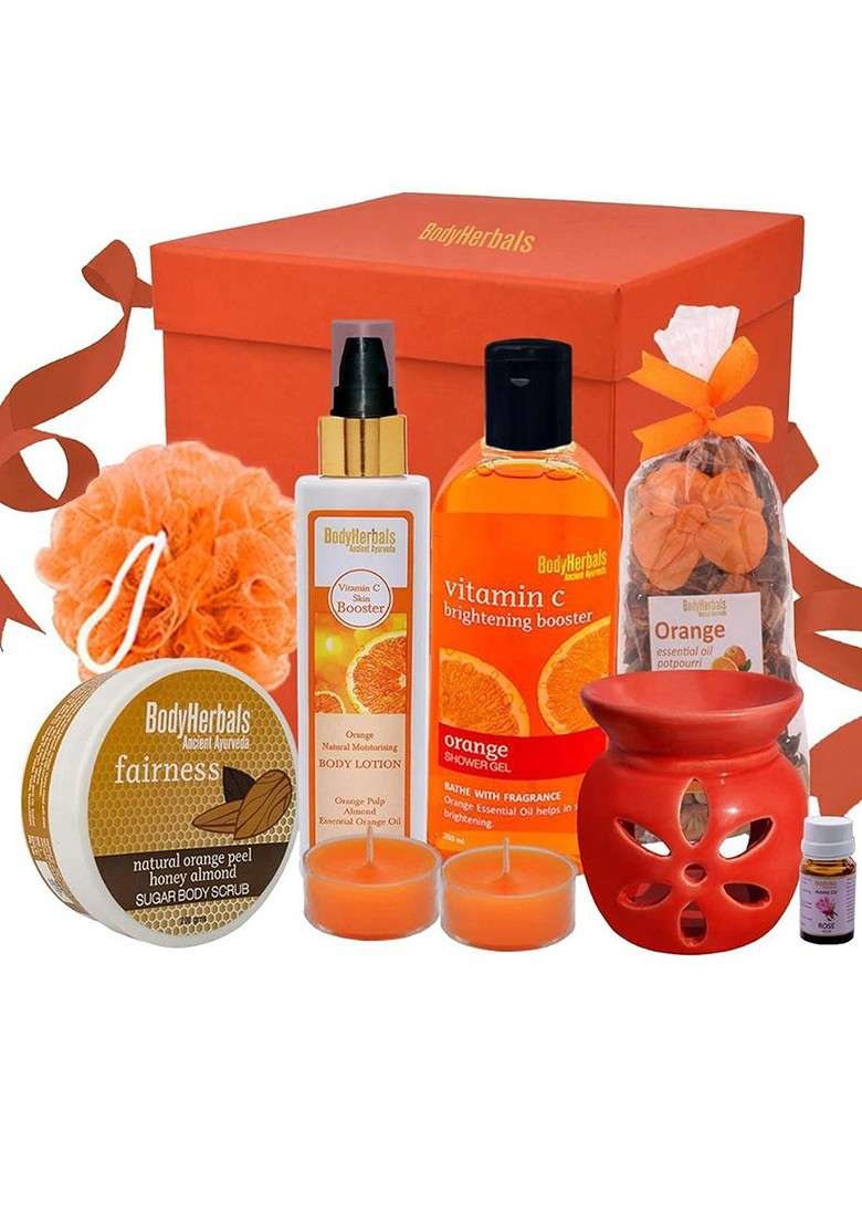 Bodyherbals 7 Pcs Bath Body Spa Gift Hamper Energising Orange Essentials - Indya