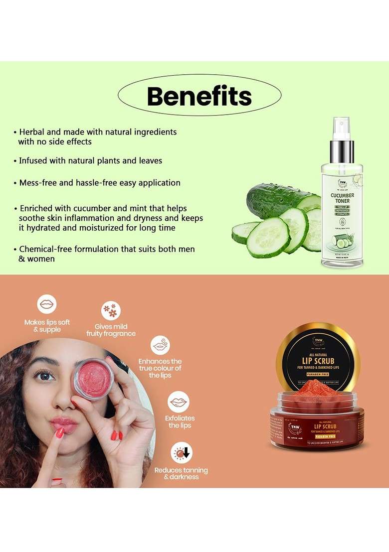 Tnw The Natural Wash Unisex Combo Of 2 Cucumber Toner Lip Scrub 150Ml - Indya