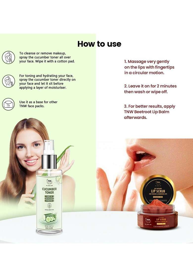 Tnw The Natural Wash Unisex Combo Of 2 Cucumber Toner Lip Scrub 150Ml - Indya
