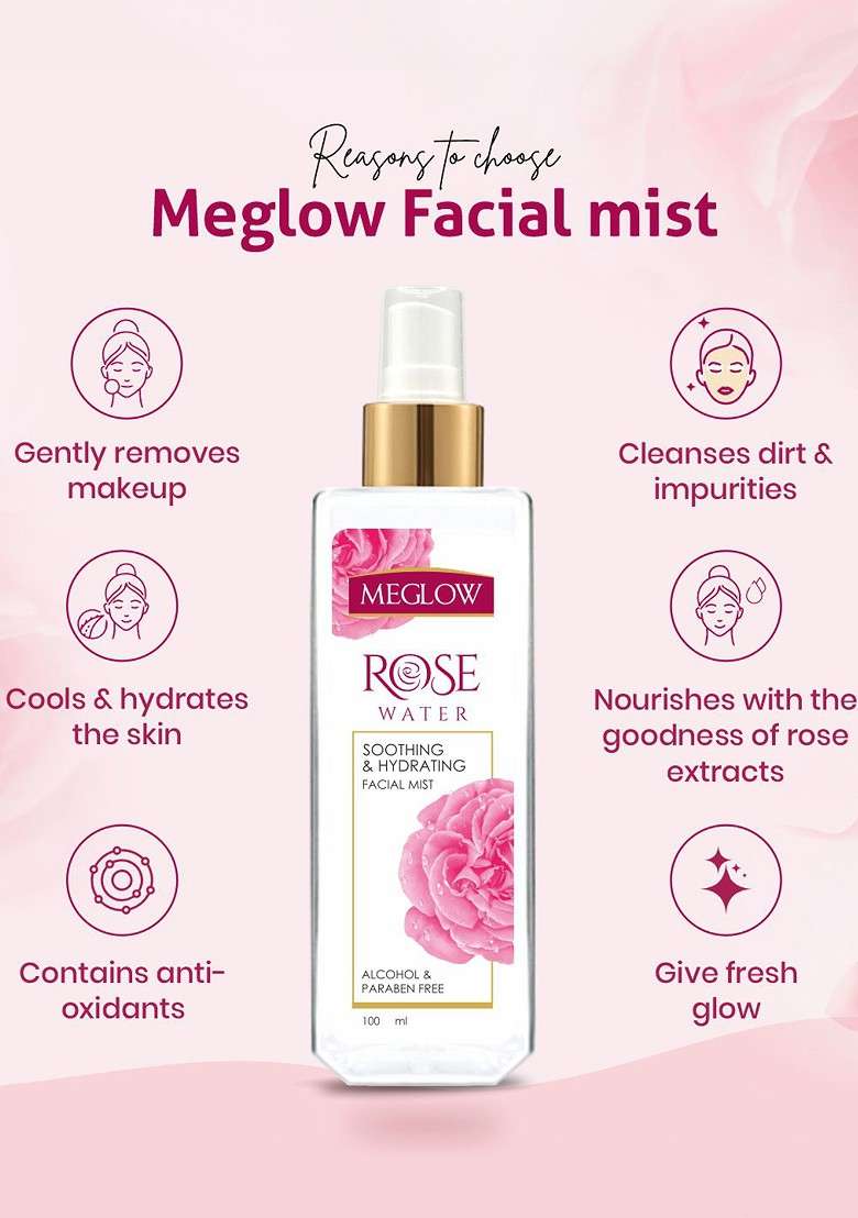 Meglow Set Of 2 Pure Rose Water For Soothing Hydrating 100Ml Each - Indya