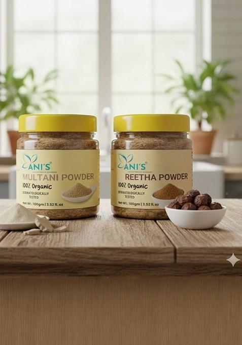 Ani'S Set Of 2 Organic Multani Mitti Reetha Powder For Face And Hair 100 G Each