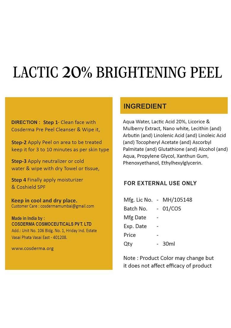 Cosderma Lactic 20 Brightening Chemical Peeling Facial Kit - Indya