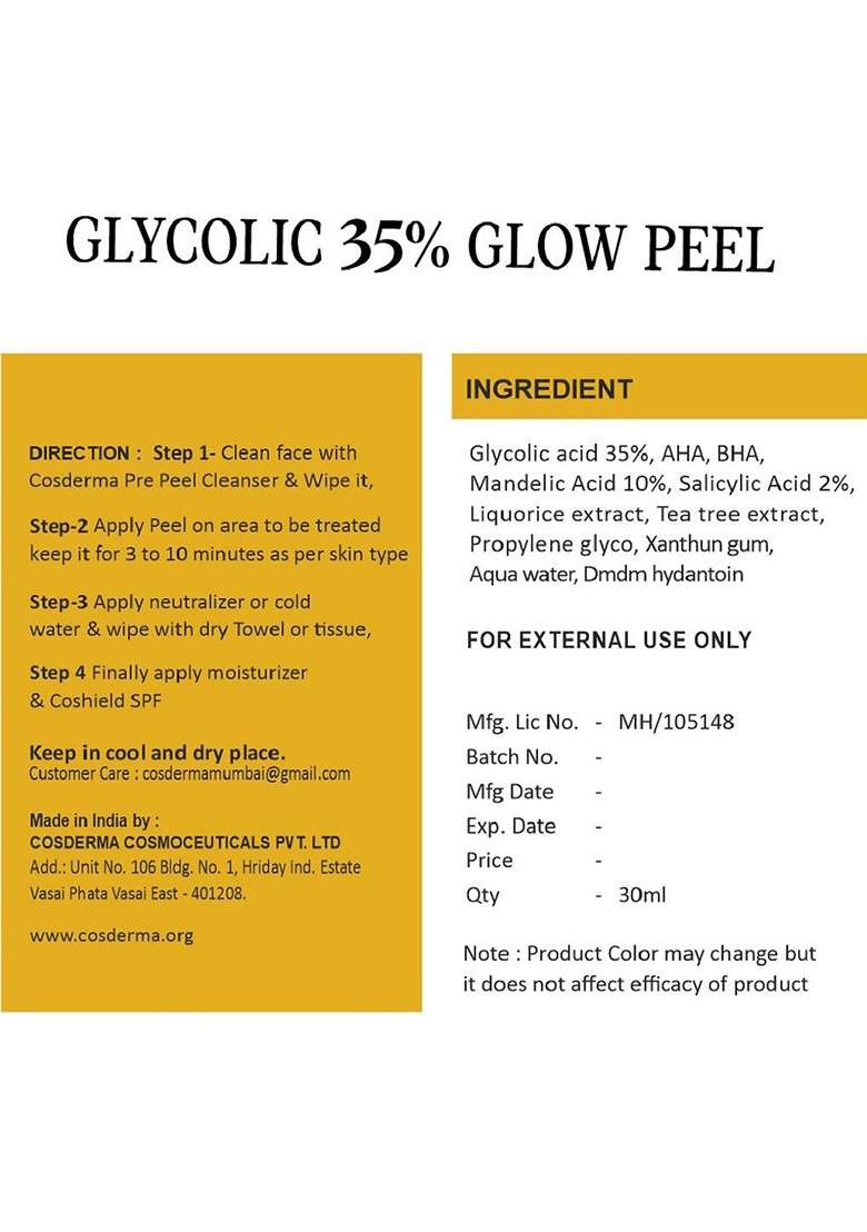 Cosderma Glycolic 35 Glow Peel Chemical Peeling Facial Kit - Indya