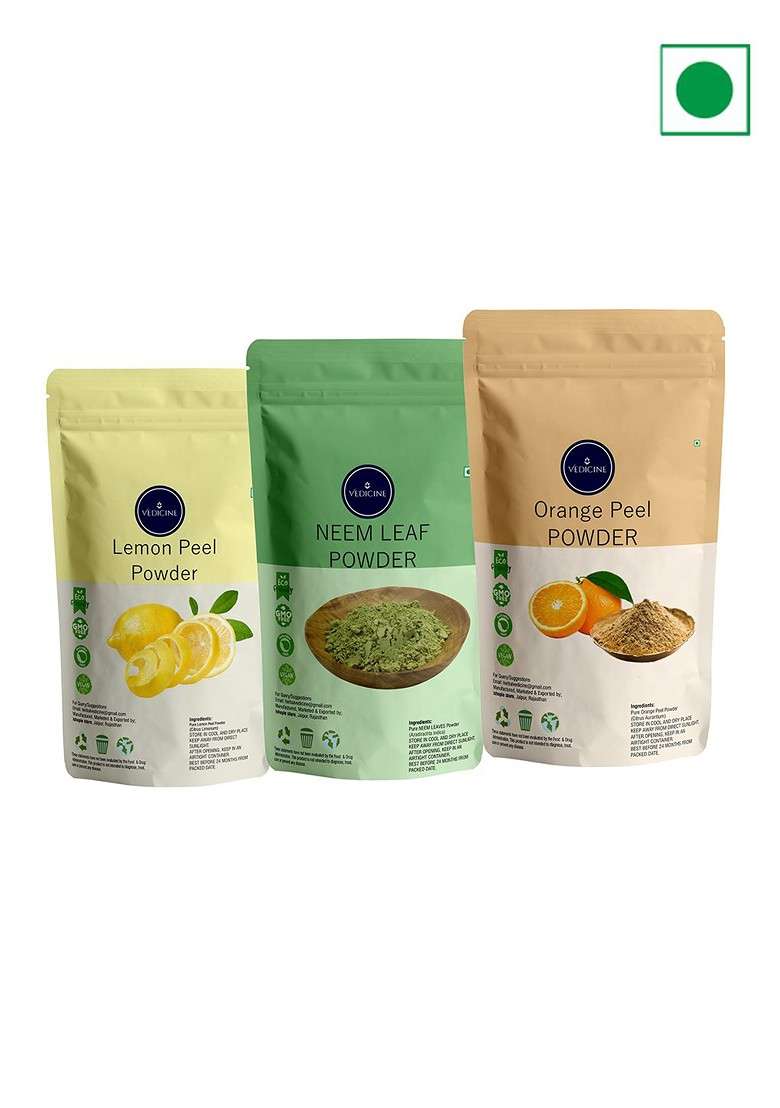 Vedicine Set Of 3 Lemon Neem Leaf Orange Peel Powder Face Pack 100 G Each - Indya