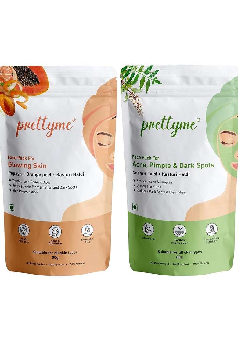 Prettyme Set Of 2 Orange Peel Haldi Papaya Neem Tulsi Powder Face Pack 80 G Each - Indya