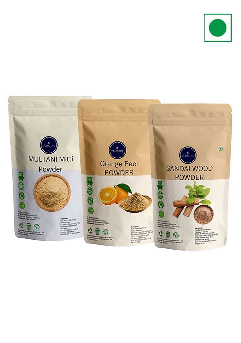 Vedicine Set Of 3 Multani Mitti Orange Peel Sandalwood Powder Face Pack 250G Each - Indya