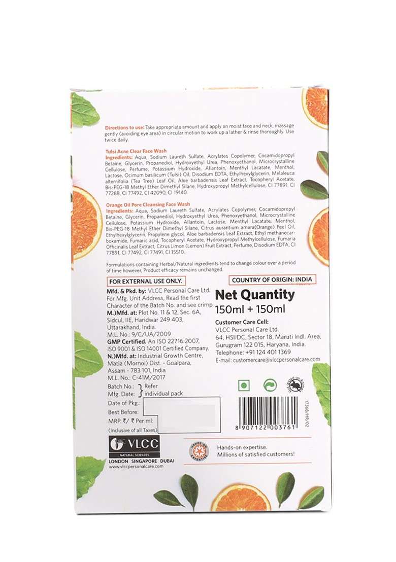 Vlcc Set Of Orange Oil Pore Cleansing Tulsi Acne Clear Face Wash 150 Ml Each - Indya